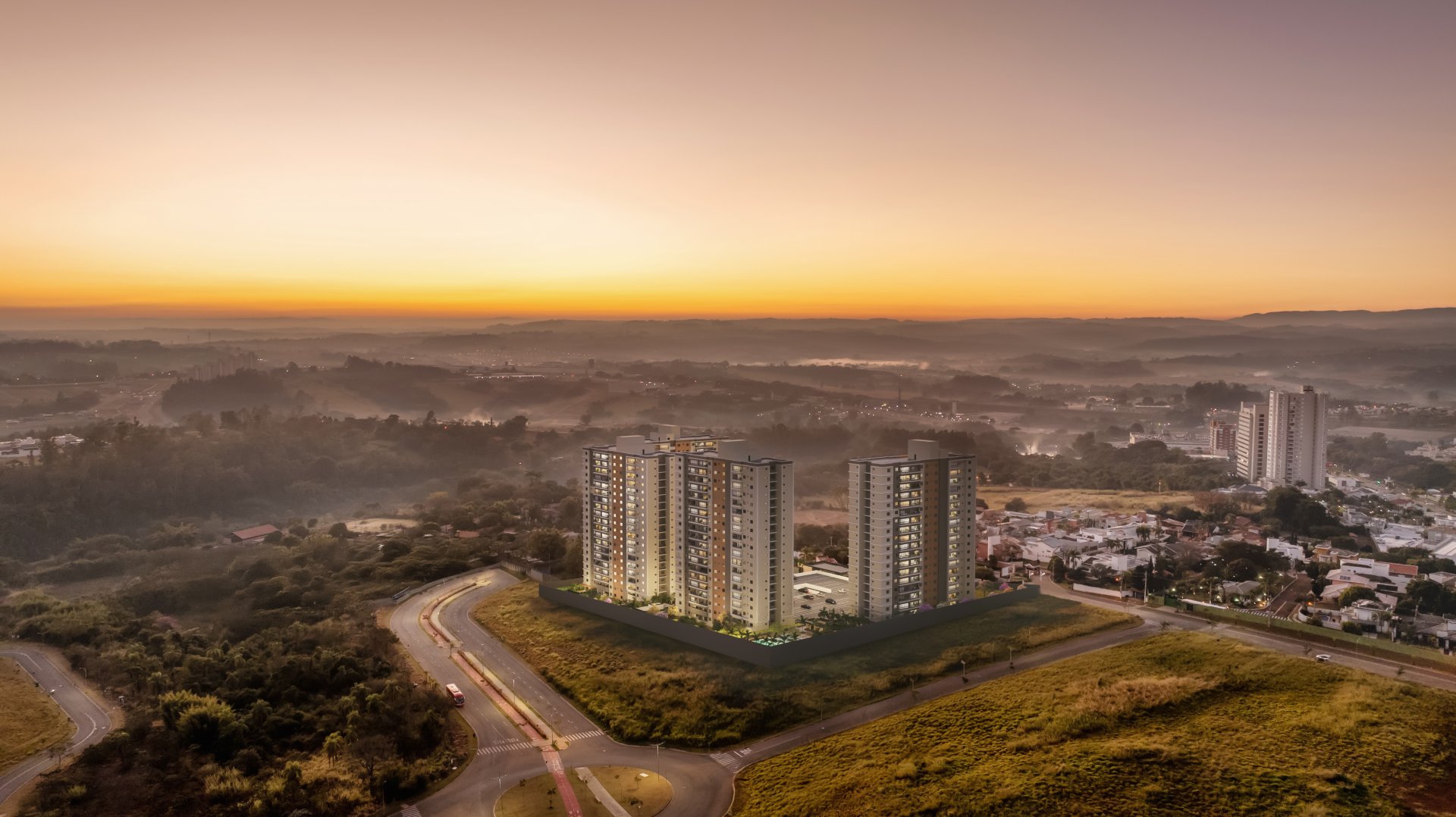 Vista aérea do empreendimento Aurora ao amanhecer, no Park Meraki em Indaiatuba
