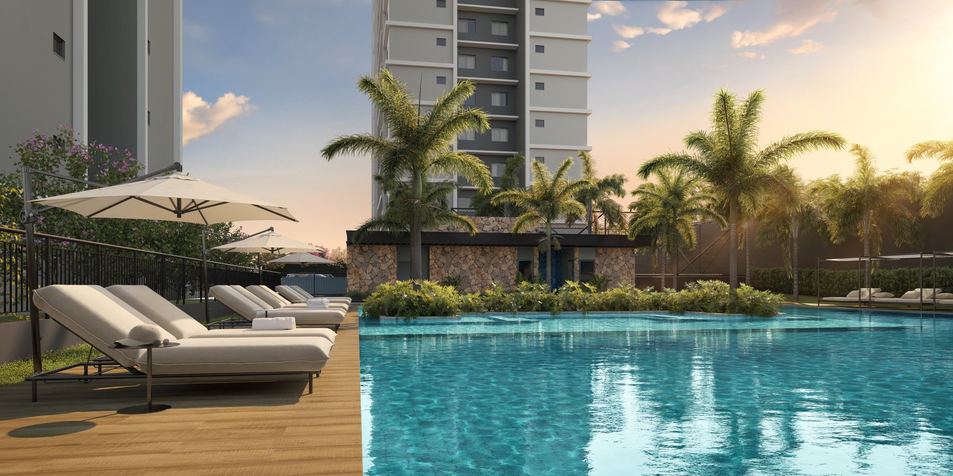 Deck e espreguiçadeiras da piscina